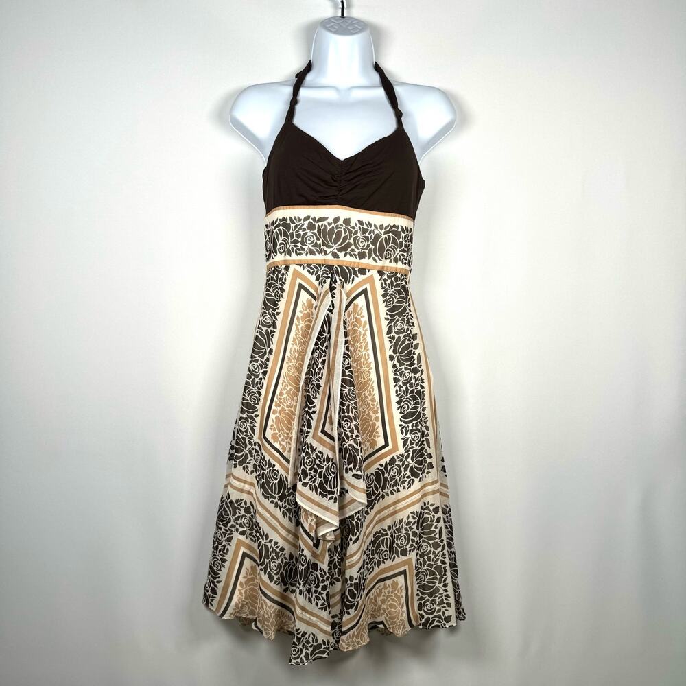 BCBGMaxarzia Women's Halter Dress Brown Flowy 100% Silk Size 2
